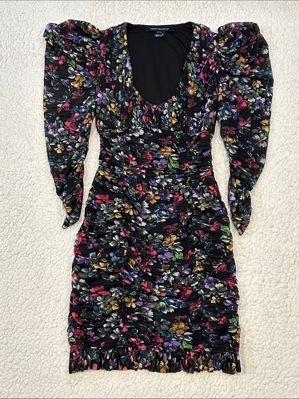 French Connection Zelka Alanna Jersey Mini Dress Black Multi sz 0 Bodycon Floral